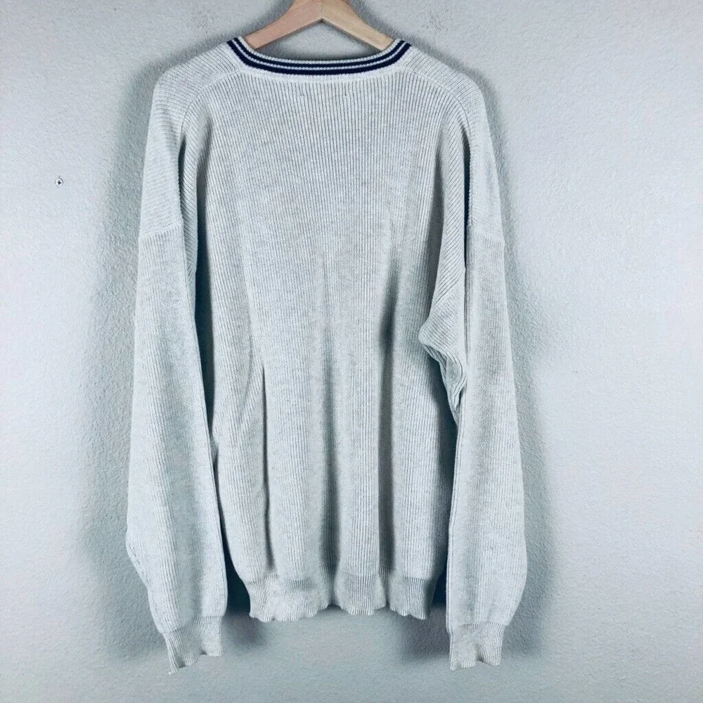 EDDIE Bauer Sweater Cream Knit Varsity Stripe V Pullover Casual Sz X Large Tall - Picture 12 of 13